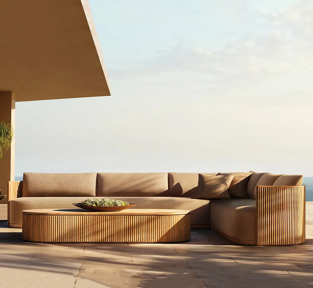 Defaico 2024 Luxury Premium Teak Outdoor Lounge Furniture Garden Teak Wood L Shape Sectional Sofa Set for Patio
