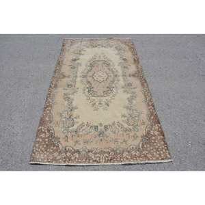 Tapis turc vintage Beige marron 3.7 X 6.8ft fait à la main en laine grande surface Patchwork Design rectangulaire couloir Latex pour la décoration de la chambre - Product Image 1