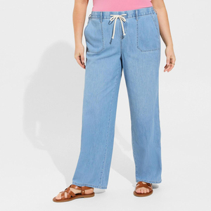 กางเกงยีนส์ขาสั้นเอวสูงสำหรับผู้หญิงกางเกงยีนส์ระบายอากาศได้ดีสีฟ้าทรงหลวมเชือกรูดแฟชั่นผู้หญิงเอวสูงสไตล์ใหม่ - Product Image 1