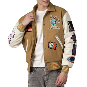 Blouson universitaire graphique pour homme, corps en laine, manches en cuir, col rond, patchwork chenille, broderie, style Letterman, vintage - Product Image 4