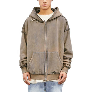 Venta al por mayor a granel vintage Wash zip up HOODIE hombres RAW Edge personalizado angustiado en blanco cremallera sudaderas con capucha - Product Image 1