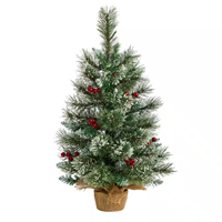 Vente en gros 2 pieds. Sapin de Noël artificiel floqué de pin et de baies pré-éclairé de 60 cm sur base en toile de jute, lumières LED blanc chaud