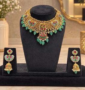 TISHYA DIAMOND Ethnic Gold Plated Copper Alloy Brilliant Cut Necklace Earrings <b>Set</b> Green <b>Beads</b> Imitation Pearl Flower Jewelry - Product Image 1