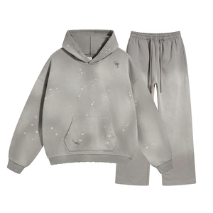 Conjunto de sudadera con capucha y pantalones de chándal desgastados vintage personalizado 450 gramos de algodón pesado para hombre lavado ácido sin cadena conjuntos de Sudadera con capucha - Product Image 2