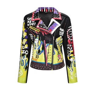 Vestes en cuir véritable et toile punk rock d'hiver pour hommes, patchs d'aigle graffiti de feu, rivets cloutés, mode streetwear, veste de moto - Product Image 4