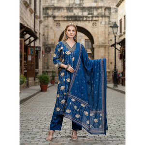 Ensemble Kurta en Chiffon Bleu Printemps/Été avec Encolure Brodée et Dupatta (Manches Trois-Quarts) - Product Image 1