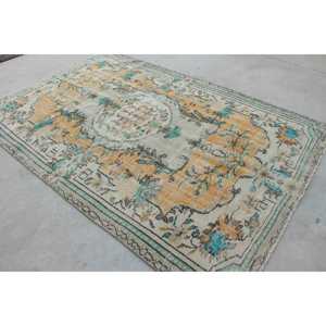 Turkish Vintage Large Rug 5.7x9.1 ft, <b>Yellow</b> Blue Striped <b>Wool</b> Rug - Product Image 4