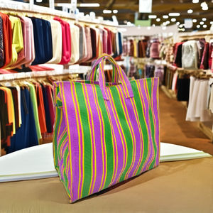 Coloré Écologique Réutilisable Fermeture Éclair En Plastique Tissé Rayé Sac À Provisions Handloom Recyclé Sacs De Plage avec Style De Mode - Product Image 1