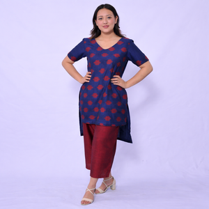 Women's Dhaka Casual Summer <b>Linen</b> Crepe Loose Fit Bow Collar Logo <b>Top</b> Pant Daily Wear Short Uneven Front/Back Parallel Navy - Product Image 1