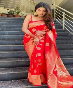 TENDANCE DOUCE LICHI SOIE JACQUARD TRAVAIL SAREE AVEC BLOUSE NON COUCHÉE RÉCEPTION PORTER PRIX DE GROS VÊTEMENT ETHNIQUE ROUGE - Product Image 3