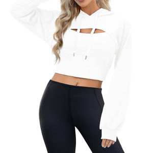 Cómoda manga completa con logotipo bordado lavado diseño elegante venta al por mayor mujer Crop Top Hoodie - Product Image 4