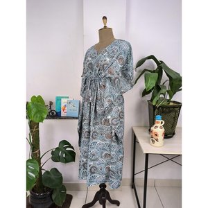 Indischer Handbedruckter Boho-Stil Kaftan-Kleid in Tiefem Stahlgrau Atmungsaktiver Leichter Swimsuit Cover-Up - Product Image 6