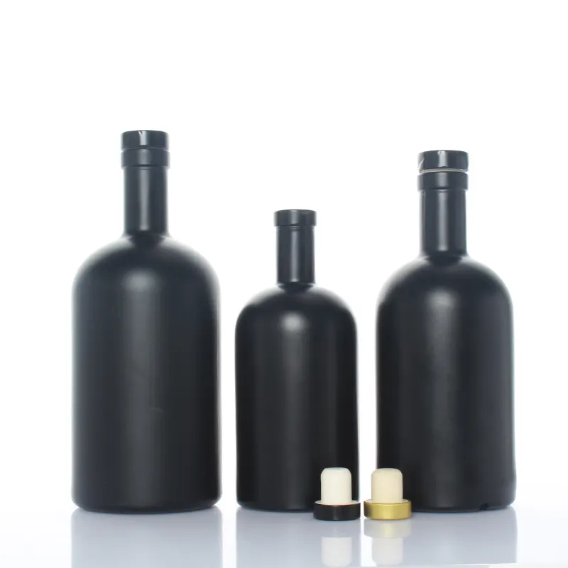 Stocked 50ml 100ml 200ml 375ml 500ml 750ml 1000ml Matte Black Empty Custom Glass Bottle For Vodka Liquor Wine With Cork