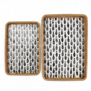 Natural <b>Rattan</b> Mother of Pearl Serving Tray Handmade for Snack Serving Kitchen <b>Dining</b> and <b>Table</b> Use - Product Image 1