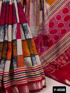 Saree de material Chanderi de viscosa de poliéster de estilo indio y pakistaní con estampado con borde de templo Saree y piezas de blusa - Product Image 6