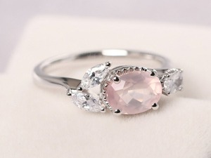 925 Sterling Silver Bridal <b>Ring</b> Natural Rose <b>Quartz</b> and CZ Cute Personalized Wedding and Engagement Gift <b>Ring</b> - Product Image 4
