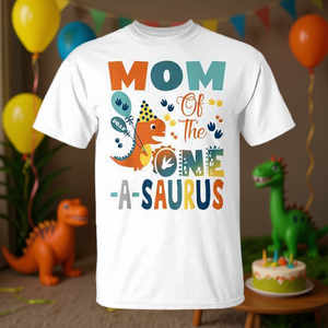 Maglietta promozionale per la festa dei dinosauri per il secondo compleanno di Mom of the One-A-Saurus - Product Image 3