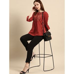 Women's Tie-Up Neck <b>Top</b> with for <b>Rust</b> Embroidery Casual Leisure <b>Tops</b> - Product Image 1