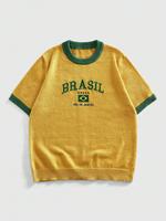 Haut court d'été tricoté respirant anti-boulochage à manches courtes pour homme, broderie ODM personnalisée BRASIL jaune-vert