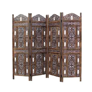 4 पैनल भारी शुल्क भारतीय लकड़ी घंटी डिजाइन तह स्क्रीन कमरे में विभक्त के लिए घर