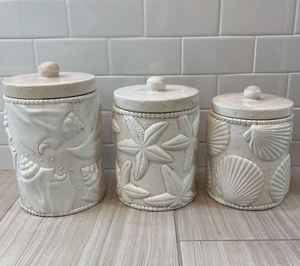 White Galvanized <b>Storage</b> <b>Container</b> With Coastal Animal Pattern Ideal For <b>Kitchen</b> Pantry Home And Coastal Theme Party Uses - Product Image 1
