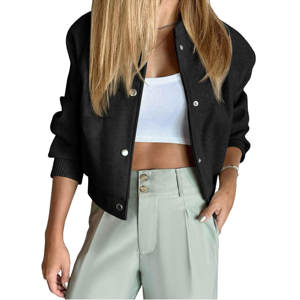 Women Cropped Bomber Jacket Wool Blend Letterman Short Coats Long Sleeve <b>Button</b> Down Winter Casual Outerwear Jacket - Product Image 2