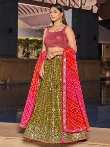 Lehenga Choli Verde Oliva de Georgette con Bordado Geométrico Completo en Zari y Lentejuelas, Elegante Traje Festivo para Bodas - Product Image 2