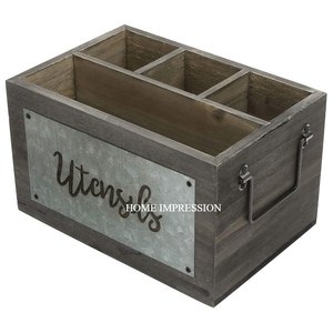 Galvanized Metal Flatware Caddy Organizer with Wooden Handle for Home & <b>Kitchen</b> Counter-top Outdoor Storage Basket Supplies - Product Image 3