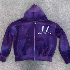 Sudadera con capucha y cremallera con estampado de parches bordados lavados con ácido y desteñidos de 100% algodón con logotipo personalizado, ropa de calle con diamantes de imitación - Product Image 2