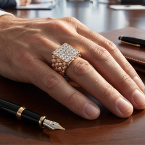 Bague Chevalière Homme en Or Rose Massif 14 carats avec Diamant Naturel Véritable, Bande Texturée Carrée Épaisse et Massue, Bijou de Luxe Raffiné - Product Image 4