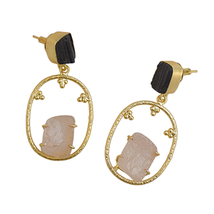 ต่างหูห้อยทรงคลาสสิกวินเทจสำหรับผู้หญิง ทำด้วยมือ ชุบทอง 14K ประดับด้วยทัวร์มาลีนและโรสควอตซ์ - Product Image 2