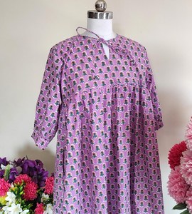 Robe midi en coton imprimé à la main bohème, robe d'été florale décontractée - Product Image 5