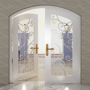 Puerta arqueada de hierro forjado con volutas florales, opciones de luz lateral fija y Marco de base grueso para una instalación Premium - Product Image 5