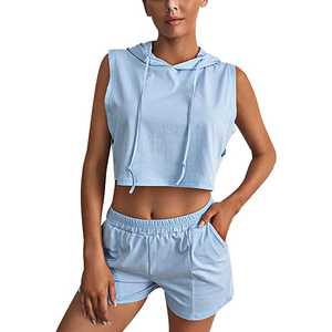 ชุดเสื้อสเวตเตอร์ผ้าฝ้ายสำหรับผู้หญิงชุดเสื้อผ้าแนวสตรีทกางเกงขาสั้นใส่ไปยิมที่หัวเข่ากางเกงลูกไม้แขนสั้นสไตล์ลำลองไซส์ XL ออกแบบโลโก้ได้ตามต้องการ - Product Image 1