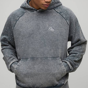 Sudadera con Capucha de Felpa Lavada con Estampado de Diamantes de Imitación y Carbón Vegetal Personalizada, 100% Algodón, Dobladillo y Puños Acanalados para Hombre, Ropa Casual de Otoño - Product Image 1