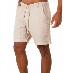 กางเกงขาสั้นผ้าคอตตอนและลินินสำหรับผู้ชายกางเกงขาสั้นแบบผูกเชือกเอวแบบลำลองกางเกงขาสั้นคาร์โก้สั้นชายหาดสีทึบ - Product Image 4