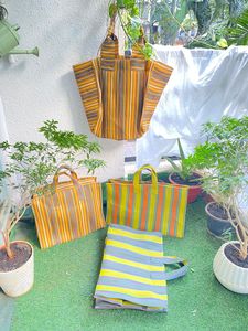 Custom Eco-Friendly Woven PP Striped Reusable <b>Shopping</b> <b>Tote</b> <b>Bag</b> Handloom Made From Sustainable Recycled Nylon Supermarket <b>Tote</b> - Product Image 3