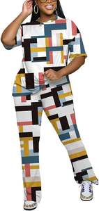 Conjuntos de 2 piezas para mujer, Top de manga corta y pantalones acampanados, conjuntos de salón, chándal de 95% poliéster, chándal de 5% Spandex - Product Image 5