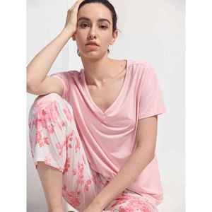 Conjunto Premium de Pantalones Cortos para Mujer, Vestido de Dormir de Manga Corta con Ribete de Encaje de Bambú, Tejido de Punto Suave, Casual, Verano, con Lazo y Botones - Product Image 3