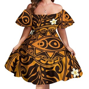 Robe courte de style rétro à motif tribal polynésien, design samoan de luxe, robe à manches bouffantes anti-rides, très vendue pour les soirées - Product Image 1
