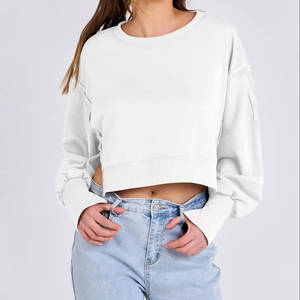 Sweat-shirt en molleton imprimé pour femme, col demi-zip, manches longues, coupe courte, cordon de serrage réglable, logo sur le devant, 100% coton - Product Image 1