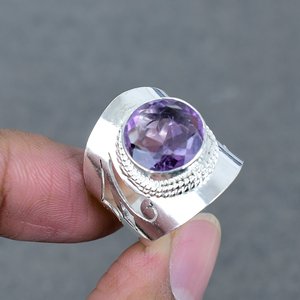 แหวนพลอยอเมทิสต์ทรงกลมดีไซน์ทำมือแหวนวินเทจทองเหลืองชุบเงินแบบ925 - Product Image 1