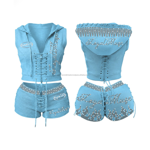 ชุดเซ็ตสองชิ้นสำหรับผู้หญิง ผ้าฝ้ายฟลีซเนื้อนุ่มแบบวินเทจ ล้างสีพิเศษ รุ่นปี 2026 แจ็คเก็ตครอปตัวสั้น กางเกงขาสั้นมีเข็มขัด ชุดลำลองสำหรับฤดูหนาว - Product Image 3