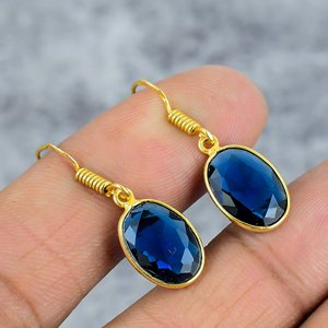 Handmade Trendy Blue Sapphire Dangle Drop Earrings 925 Sterling <b>Silver</b> Gold Plating Dainty Oval Shape Gemstone Weddings Parties - Product Image 1