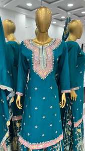 Nueva ropa de fiesta de boda diseñador Chinon hilo de seda secuencia bordado trabajo Top con manga completa y Sharara con Dupatta - Product Image 3