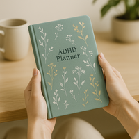 LABON Agenda botanique vert pour le TDAH avec feuille florale Couverture rigide en tissu non daté Organisateur quotidien pour femmes adolescents Neurodivergent Focus