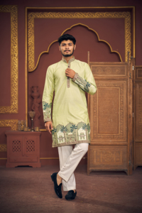Kurta blanc avec bordure jacquard scénique - Product Image 4