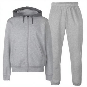 Survêtement gris en coton avec sweat à capuche zippé, poches latérales, pantalon de jogging décontracté pleine longueur, tenue de sport automne - Product Image 4