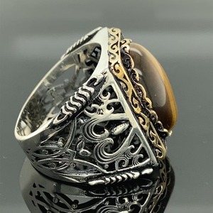 <b>Men</b> Handmade <b>Silver</b> <b>Ring</b> Natural Tiger Eye Gemstone <b>Ring</b> Embroidered <b>Ring</b> - Product Image 4