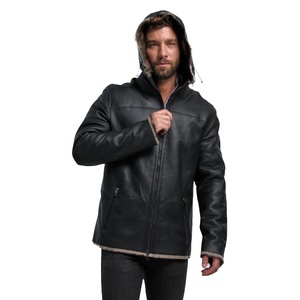 Custom Men Genuine Sheep Skin Winter Jacket Hooded Zip Outerwear Sherpa Lined Warm Eco-Friendly Breathable Casual <b>Coat</b> OEM - Product Image 2